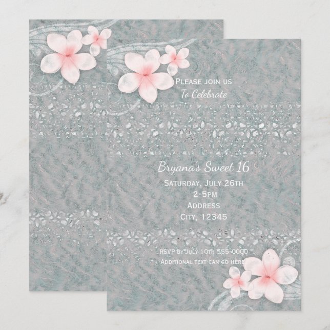 Tropical Plumeria Flower Grey Pink Summer Party Invitation (Front/Back)