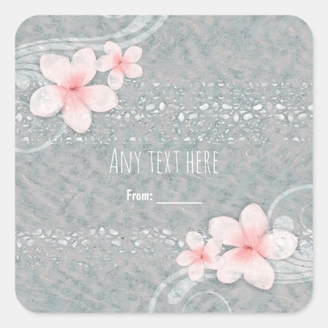 Tropical Plumeria Flower Grey Pink Summer Party Square Sticker (Front)
