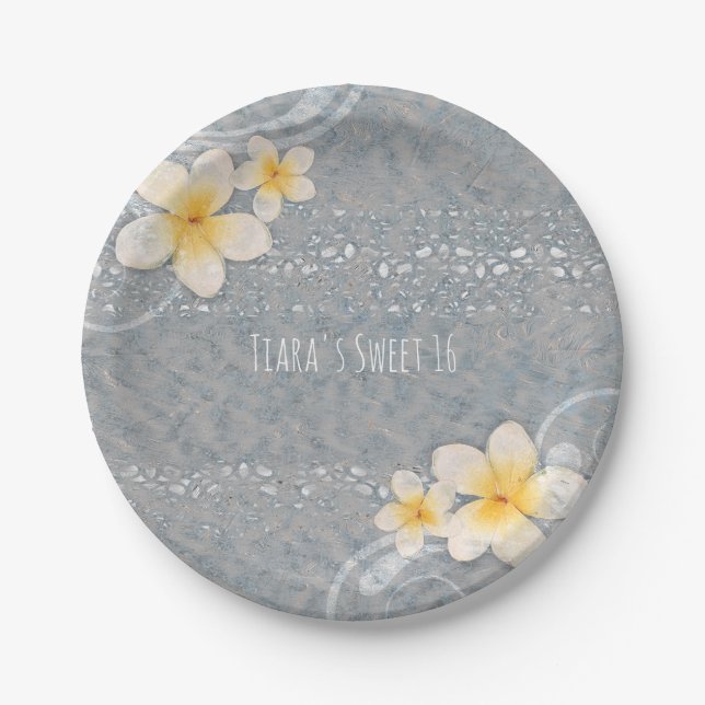 Tropical Plumeria Flower Grey Yellow Summer Party Paper Plate (Front)