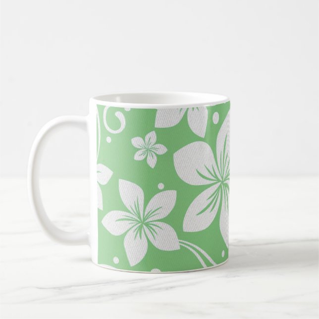 Tropical Plumeria Flowers Green N White Coffee Mug (Left)