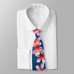 Tropical Plumeria Frangipani Sea Blue Neck Tie