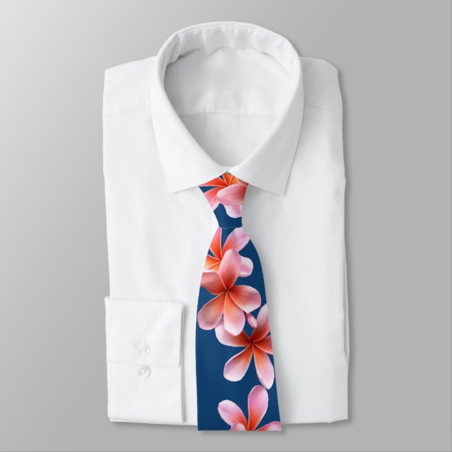 Tropical Plumeria Frangipani Sea Blue Neck Tie (Tied)