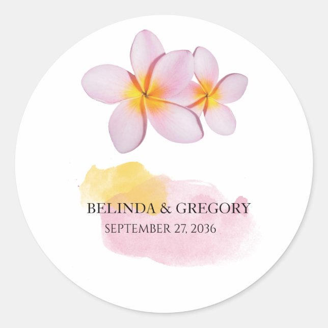 Tropical Plumeria Frangipani Wedding  Classic Round Sticker (Front)