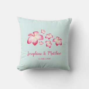Tropical Plumeria Pink Watercolor Wedding Cushion