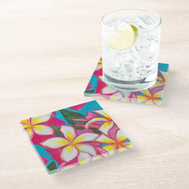 Tropical plumerias on pink coasters (Angled)