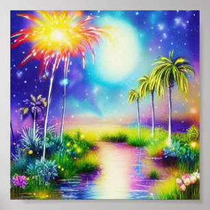 Tropical pond ink and water art poster
