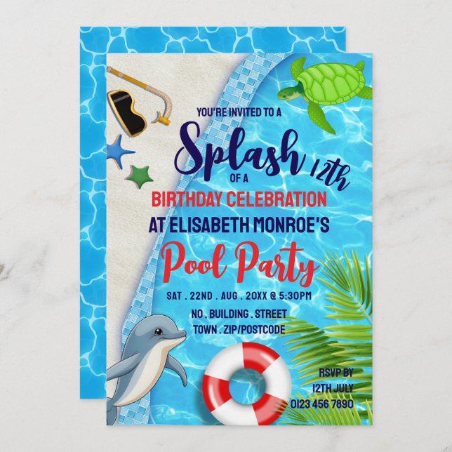 Tropical Pool, Dolphin/Turtle Birthday Pool Party Invitation (Front/Back)