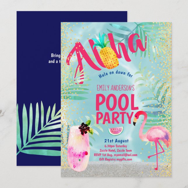 Tropical POOL PARTY Flamingo  Pineapple Aloha Luau Invitation (Front/Back)