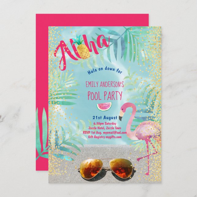 Tropical POOL PARTY Flamingo  Pineapple Aloha Luau Invitation (Front/Back)
