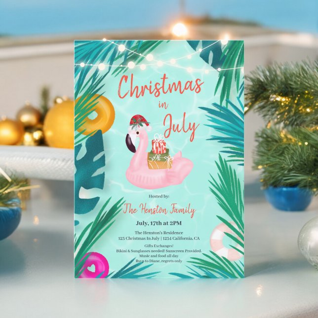 Tropical pool party floater Christmas in July Invitation (Tropical pool party floater Christmas in July Invitation)