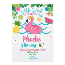 Tropical Pool Party Pink Flamingo Invitation