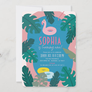 Tropical Pool Party Pink Girl 1st Birthday Invitation