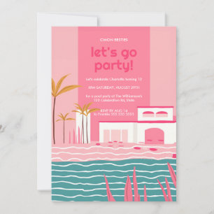 Tropical Pool Party Retro Pink Birthday Invitation