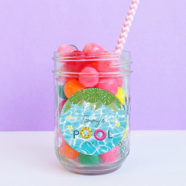 Tropical Pool Party Swimming Pool Birthday  Classic Round Sticker (Tropical Pool Party Swimming Pool Birthday Classic Round Sticker)