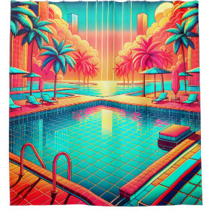 “Tropical Pool with Cityscape - Vibrant Retro Art” Shower Curtain