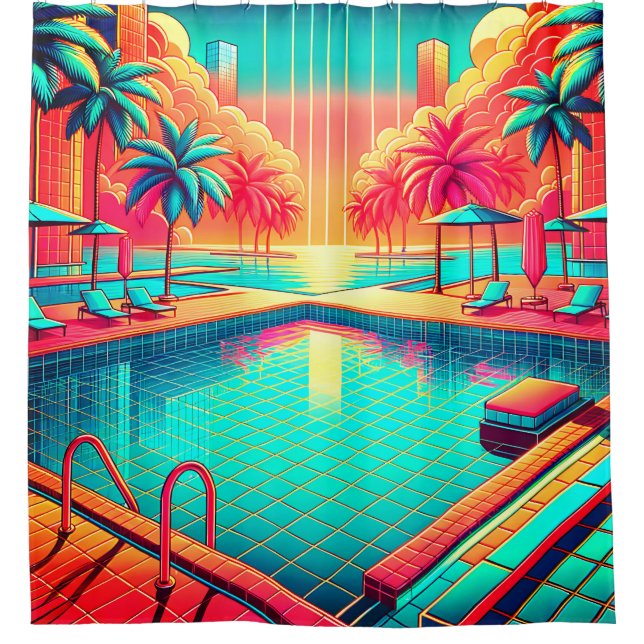 “Tropical Pool with Cityscape - Vibrant Retro Art” Shower Curtain (Front)