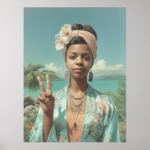 Tropical Portrait with Peace Sign Gesture