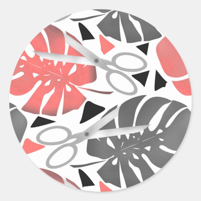 Tropical print monstera leaves scissors jungle exo classic round sticker (Front)