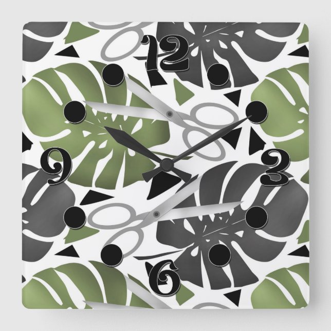 Tropical print monstera leaves scissors jungle exo square wall clock (Front)