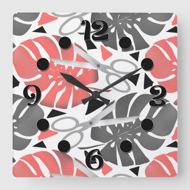 Tropical print monstera leaves scissors jungle exo square wall clock (Front)