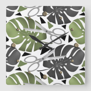 Tropical print monstera leaves scissors jungle exo square wall clock