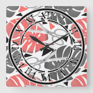 Tropical print monstera leaves scissors jungle exo square wall clock