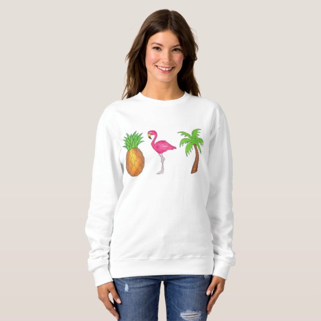 Tropical Print Palm Tree Pineapple Pink Flamingo Sweatshirt (Front Full)