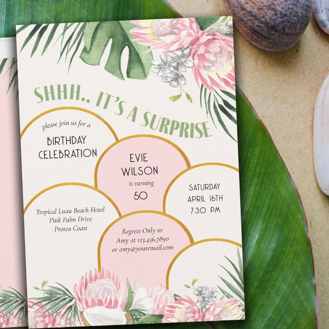 Tropical Protea and Palm Gold Arch Surprise Party Invitation (Creator Uploaded)