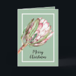 Tropical Protea Christmas Holiday Card<br><div class="desc">Folded Christmas greeting cards feature a beautiful hand-painted watercolor pink protea floral blossom on a mint green background and your personal greeting and names on the inside. Available as an INSTANT DOWNLOAD,  PRINTED or both. MATCHING items in our collection.</div>