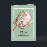 Tropical Protea Christmas Holiday Card<br><div class="desc">Folded Christmas greeting cards feature a beautiful hand-painted watercolor pink protea floral blossom on a mint green background and your personal greeting and names on the inside. Available as an INSTANT DOWNLOAD,  PRINTED or both. MATCHING items in our collection.</div>