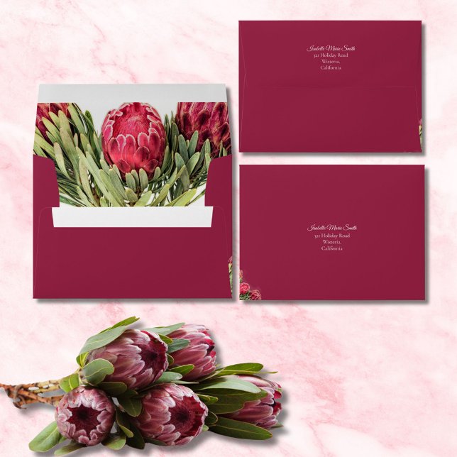 Tropical Protea Floral Burgundy Wedding RSVP Envelope (Creator Uploaded)