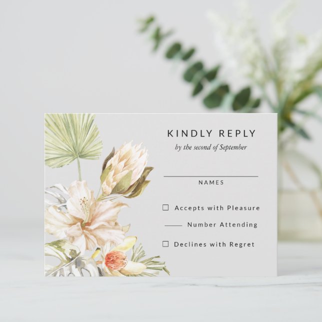 Tropical Protea Flowers Wedding RSVP Reply Card (Standing Front)