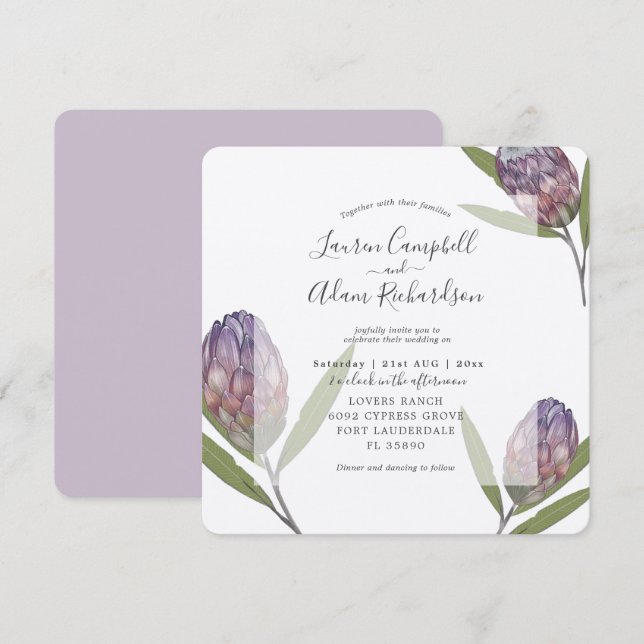 Tropical Protea Purple Watercolor Wedding  Invitation (Front/Back)
