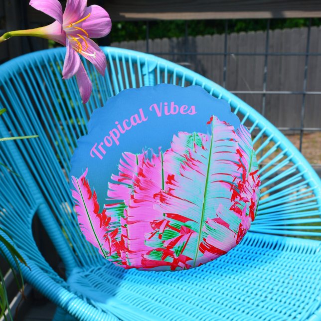 Tropical Psychedelic Palm Fronds Pink Blue Round Cushion (Creator Uploaded)