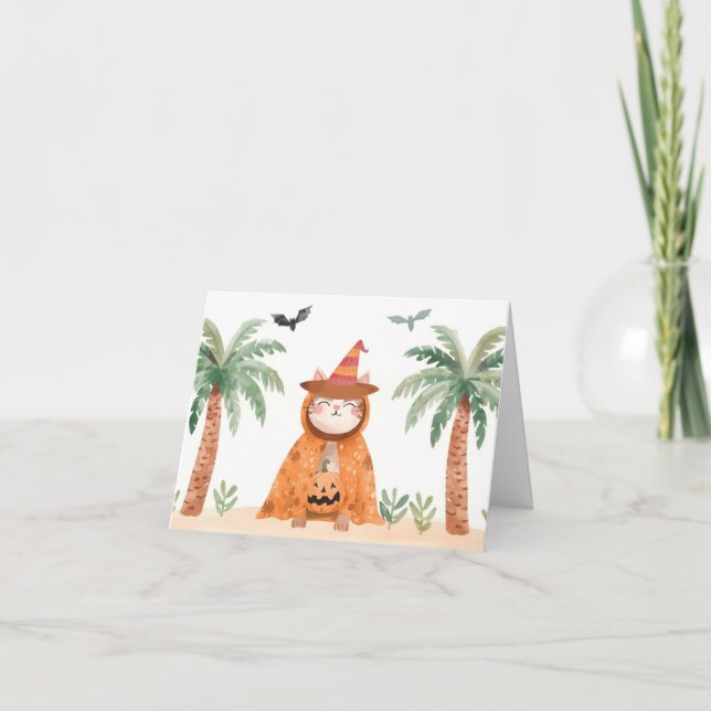Tropical Pumpkin Paws – Cute Halloween Cat Card (Front)