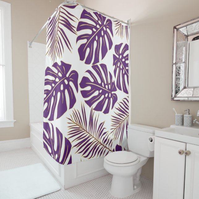 Tropical purple and gold monstera and palm leaves shower curtain (In Situ)