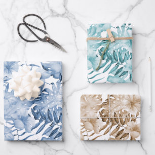 Tropical Purple Blue Cream Floral Leaves Birthday Wrapping Paper Sheet