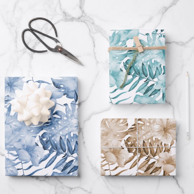 Tropical Purple Blue Cream Floral Leaves Birthday Wrapping Paper Sheet (Front)