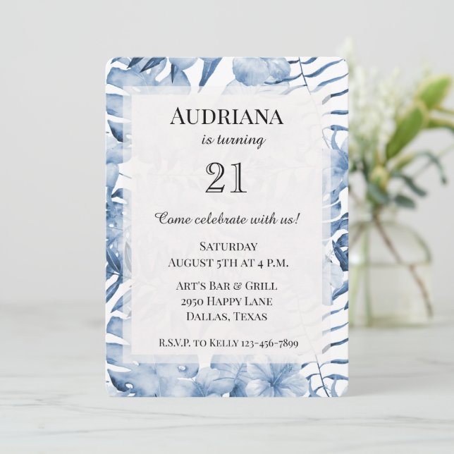 Tropical Purple Blue Floral Leaves Birthday Invitation (Standing Front)