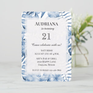 Tropical Purple Blue Floral Leaves Birthday Invitation