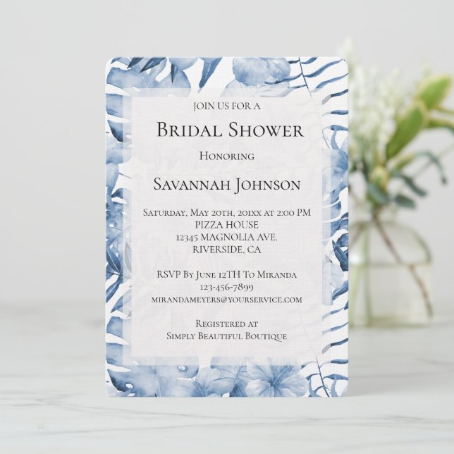 Tropical Purple Blue Floral Leaves Bridal Shower Invitation (Standing Front)