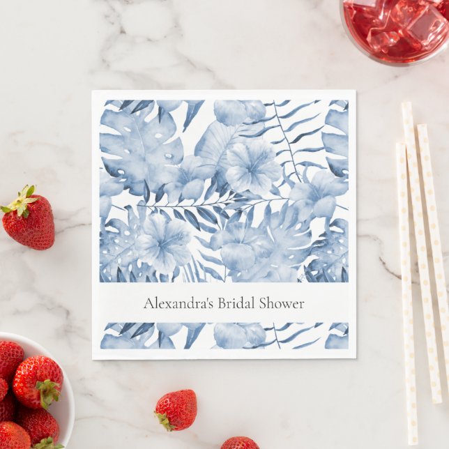 Tropical Purple Blue Floral Leaves Bridal Shower Napkin (Insitu)