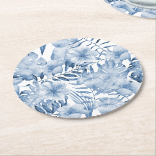Tropical Purple Blue Floral Leaves Bridal Shower Round Paper Coaster
