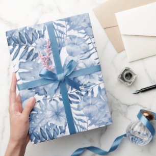 Tropical Purple Blue Floral Leaves Bridal Shower Wrapping Paper