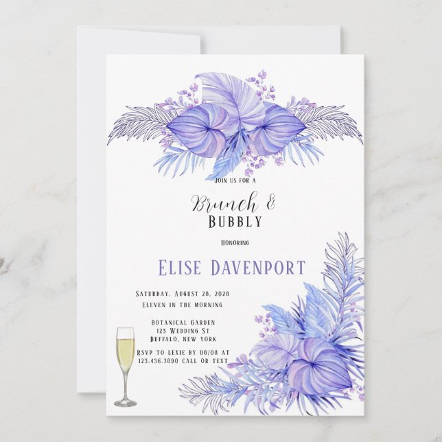 Tropical Purple Blue Palm Leaf Brunch & Bubbly Invitation (Front)