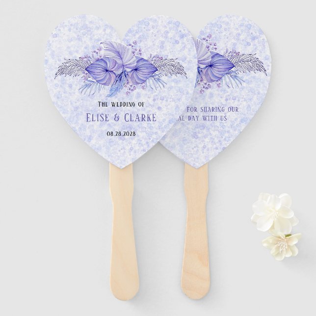 Tropical Purple Blue Palm Leaves Wedding  Hand Fan (Front and Back)