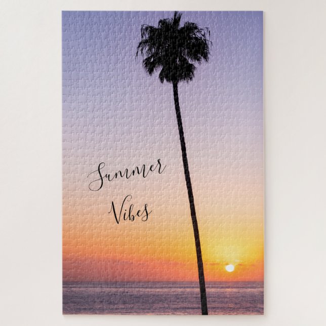 Tropical Purple California Palm Tree Beach Sunset Jigsaw Puzzle (Vertical)