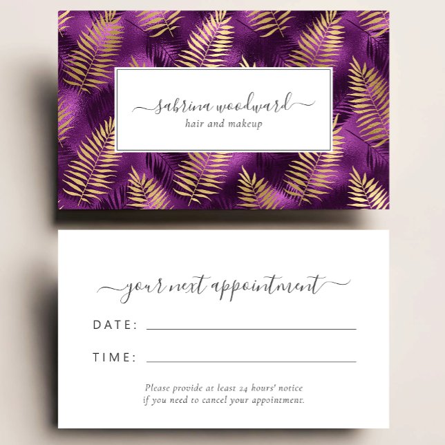 Tropical Purple Gold Foliage Pattern Appointment Business Card (Creator Uploaded)