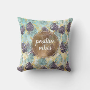 Tropical Purple Green Gold Leaves Positive Vibes   Cushion