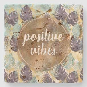Tropical Purple Green Gold Leaves Positive Vibes Stone Coaster